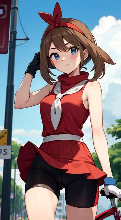 ,may (pokemon), bandana, shirt, skirt, bike shorts, gloves, fanny pack,1girl,bike shorts,brown hair,eyelashes,grey eyes,leg hold,looking at viewer,medium breasts,sleeveless shirt,red shirt,bike shorts under shorts,blue eyes,red hairband,white shortssolo,