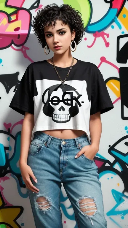 Teenage girl, short curly hair + straight hair, multiple earrings, skull earrings, wind, (big letter graffiti, English alphabet graffiti:1.1), (graffiti, swirl around the character:0.6), (graffiti on character:1.3), (splash spray:1.2), T-shirt, pants, wome...