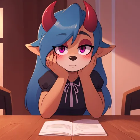 Oni mobian, blue hair, long hair, toned, gothic Lolita, magenta eyes, red horns, pointed ears, blushing, hand on cheek, table