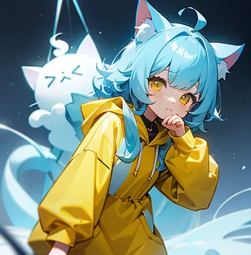 Yellow Eyes、Light blue hair、Natural Curl、length、Cat ear、girl、Yellow hoodie dress、cute