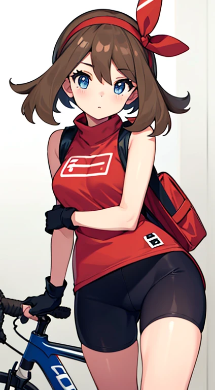 ,may (pokemon), bandana, shirt, skirt, bike shorts, gloves, fanny pack,1girl,bike shorts,brown hair,eyelashes,grey eyes,leg hold,looking at viewer,medium breasts,sleeveless shirt,red shirt,bike shorts under shorts,blue eyes,red hairband,white shortssolo,