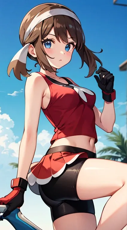 ,may (pokemon), bandana, shirt, skirt, bike shorts, gloves, fanny pack,1girl,bike shorts,brown hair,eyelashes,grey eyes,leg hold,looking at viewer,medium breasts,sleeveless shirt,red shirt,bike shorts under shorts,blue eyes,red hairband,white shortssolo,