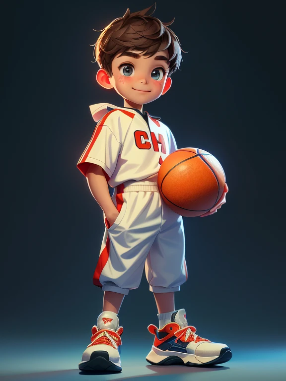 10 year old boy，Future-proof，masterpiece，highest quality，（（Realistic：1.4））masterpiece，（masterpiece，best quality）Five cute little boys，Wearing a red and white jersey，black basketball sneakers，Basketball ball，Exquisite eyes，Happy smile，Clean background，Delic...