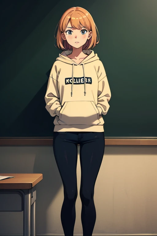 masterpiece, regular girl, in college class, near blackboard, standing, hoodie