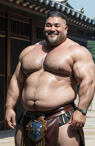  A shirtless Korean imperial warrior full body obese bodybuilder with a very oiled body a sweaty smiling old man with a shaved head and extremely muscular and extremely fat over 70 years old weighing over 600 pounds very muscular very hairy large pecs with...