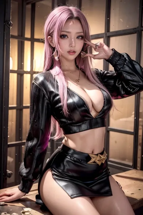 (Masseter muscle area:1.2、highest quality)、(Live Action、Intricate details)、(1 Female、solo、Upper body、Huge boobs) clothing: Edgy、Black Jumper、Pink mini skirt、Avant-garde、Experimental Appearance: Long pink hair、Dramatic makeup、Unconventional fashion choices ...