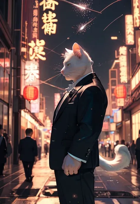 Solitary,  (White cat), anthropology, male, ((white body)), Tail, Handsome,Normal figure，Tendon meat，Black suit, Black leather shoes，Eighties, City, outdoor, external, Feasting, night, Traditional Chinese Signboard, standing, front，Small caliber pistol， Pe...