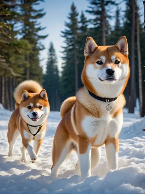 A scene of Shiba Inus in their natural habitat during the winter season. These Shiba Inus boast dense and splendid fur that varies from gray to white, frolicking in a snow-covered forest landscape. Their bright and astute eyes are filled with alertness and...