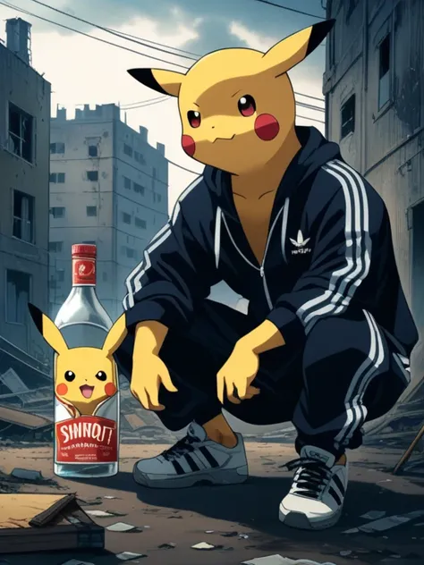 90s anime style, alone, Slab squats, Drunk (Muscular Pikachu) Wearing a black Adidas tracksuit, (Put a cigarette in Pikachu&#39;s hand), A bottle of Smirnoff vodka next to Pikachu, In the background is an abandoned, abandoned building, Gloomy atmosphere, C...