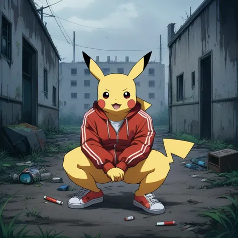 90s anime style, alone, Slab squats, Drunk (Muscular Pikachu) Wearing a black Adidas tracksuit, (Put a cigarette in Pikachu&#39;s hand), A bottle of Smirnoff vodka next to Pikachu, In the background is an abandoned, abandoned building, Gloomy atmosphere, C...