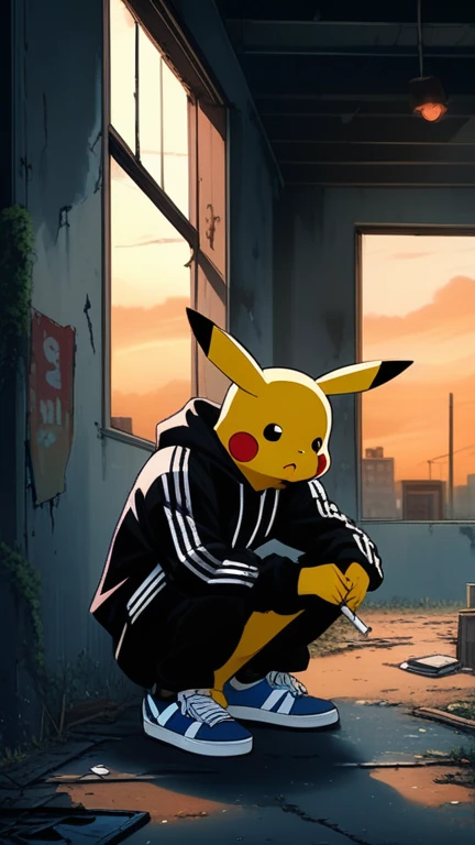 90s anime style, alone, Slab squats, Drunk (Muscular Pikachu) Wearing a black Adidas tracksuit, (Put a cigarette in Pikachu&#39;s hand), A bottle of Smirnoff vodka next to Pikachu, In the background is an abandoned, abandoned building, Gloomy atmosphere, C...