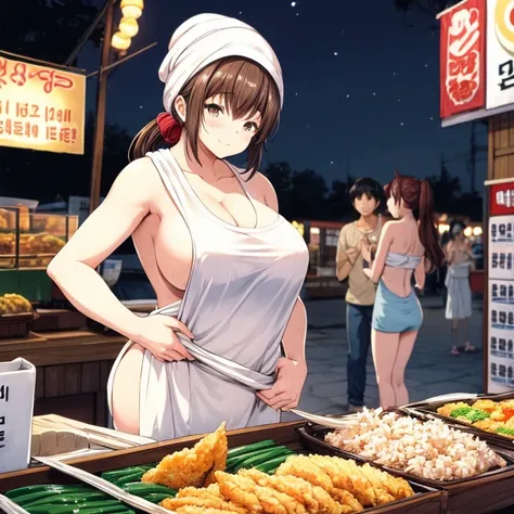 A woman with a towel wrapped around her head making a large amount of tempura at a night food stall in Korea　highest quality