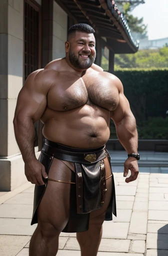  A shirtless Korean imperial warrior full body obese bodybuilder with a very oiled body a sweaty smiling old man with a shaved head and extremely muscular and extremely fat over 70 years old weighing over 600 pounds very muscular very hairy large pecs with...