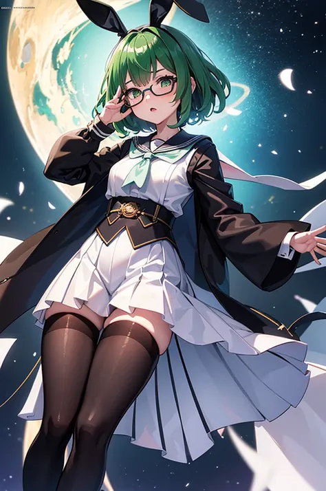 neat figure, 1 girl, teenage girl, very short hair, Air bangs, deep green hair, extremely beautiful detailed anime face and eyes, ^ ^, highly detailed skin, rabbit ears, Black glasses without a frame on top, gun, sailor dress, Long sleeve, white skirt, bla...