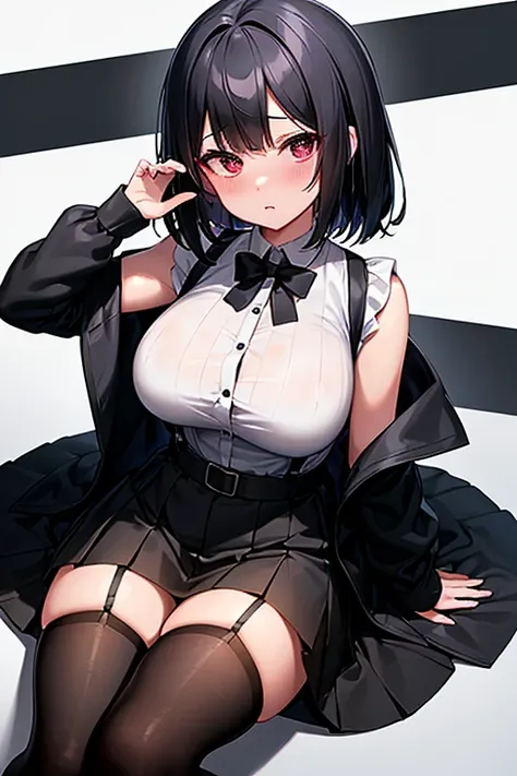 highest quality、Masterpiece、Black Hair、Bobcut、Looking at the audience、suspenders、bulging big breasts、A slightly sheer shirt　Shy 、Blushing、Black mini skirt　ガーターbelt　Black knee-high socks、beautiful　Gaze Black Boots 　　one person 　　　Dress shirt　　belt
