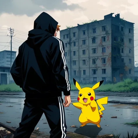 90s anime style, alone, (Muscular Pikachu) Wearing a black Adidas tracksuit, Pikachu attacks,In the background is an abandoned, abandoned building, Gloomy atmosphere, Cinematic, Detailed body, Fine grain, 8k, highest quality, Full Sharp, Very detailed, Ski...