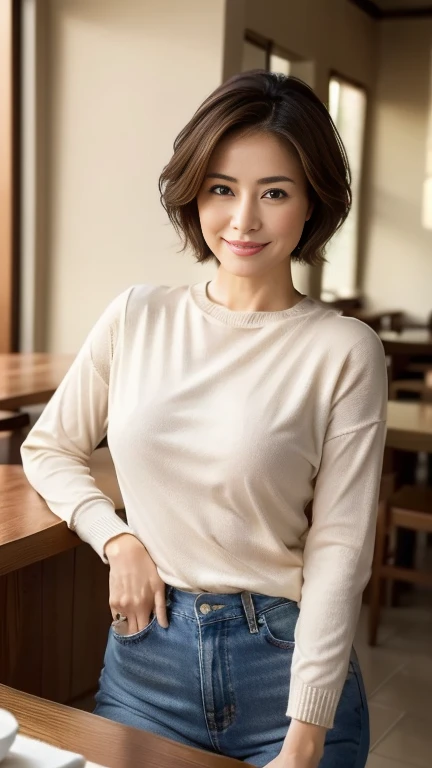 (highest quality,8k,masterpiece),
日本人Mature Woman,40 years,Mature Woman,Pure white skin, Tabletop、Top view from chest、
(Plump Breasts 1.3)、　((Beige crew neck knit))、Light blue denim pants、Random hairstyle、
,A gentle smile、A gaze that seduces viewers、Dining...