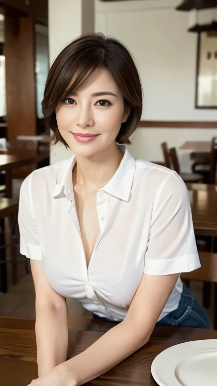 (highest quality,8k,masterpiece),
日本人Mature Woman,40 years,Mature Woman,Pure white skin, Tabletop、Top view from chest、
(Plump Breasts 1.3)、　((White blouse with collar))、Light blue denim pants、Random hairstyle、
,A gentle smile、A gaze that seduces viewers、Di...