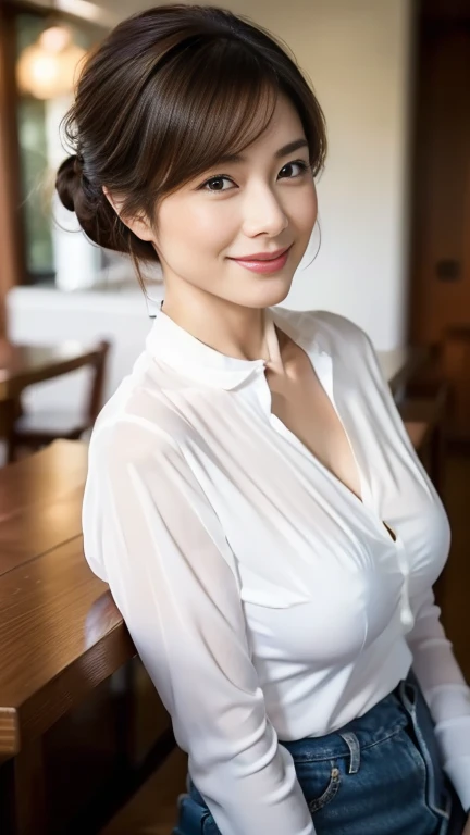 (highest quality,8k,masterpiece),
日本人Mature Woman,40 years,Mature Woman,Pure white skin, Tabletop、Top view from chest、
(Plump Breasts 1.3)、　((White blouse with collar))、Light blue denim pants、Random hairstyle、
,A gentle smile、A gaze that seduces viewers、Di...