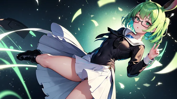 neat figure, 1 girl, teenage girl, very short hair, Air bangs, deep green hair, extremely beautiful detailed anime face and eyes, ^ ^, highly detailed skin, rabbit ears, Round rabbit tail, Black glasses without a frame on top, gun, sailor dress, Long sleev...