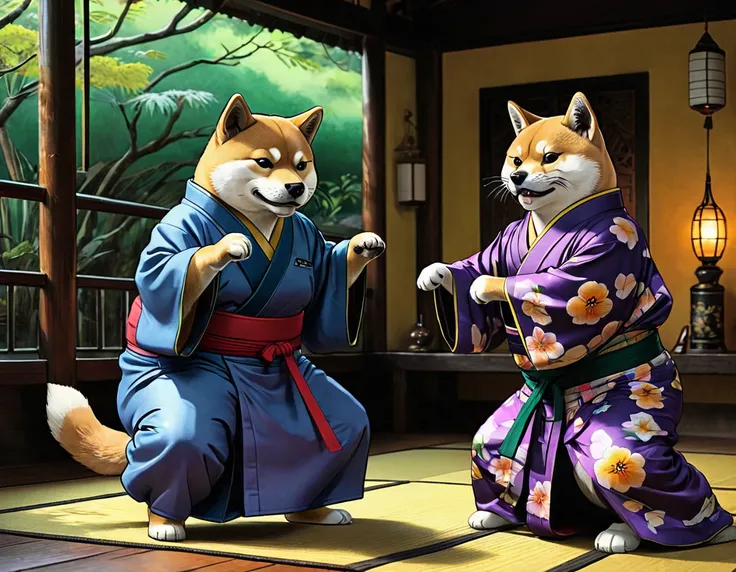 Anthropomorphic shiba inu in kimono on tatami vs. Anthropomorphic fat black cat. Studio Ghibli Dark Comics. Underground fighting without rules. Mortal Kombat, alcohol ink sketch technique, hyperdetailed, 32k resolution, employing octane rendering akin to U...