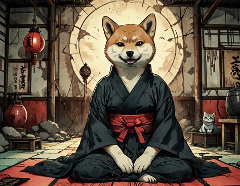 illustration of an anthropomorphic shiba inu, garbed in a detailed kimono, clashing fiercely with a heavily built anthropomorphi...