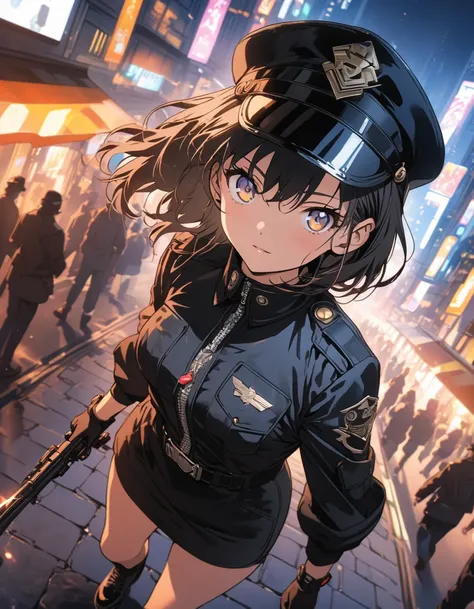 anime style, super fine illustration, highly detailed, dynamic angle, beautiful detailed, 8k, At night, in a cyberpunk cityscape, a female police officer patrols the neon-lit streets. Her footsteps echo against the damp pavement as she keeps a watchful eye...