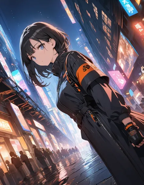 anime style, super fine illustration, highly detailed, dynamic angle, beautiful detailed, 8k, At night, in a cyberpunk cityscape, a female police officer patrols the neon-lit streets. Her footsteps echo against the damp pavement as she keeps a watchful eye...