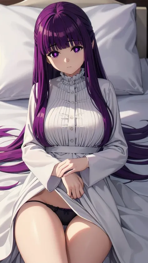 (((Pixel Perfect, Perfect detail))), ((alone, 1 girl)), fern, long hair, bangs, (purple eyes:1.1), purple hair, sidelocks, blunt bangs, (bright pupils:1.5), half updo, long sleeves, dress, white dress, long dress, robe, black robe,(lying on the bed;1.3), (...