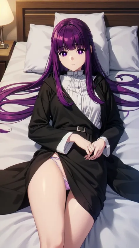 (((Pixel Perfect, Perfect detail))), ((alone, 1 girl)), fern, long hair, bangs, (purple eyes:1.1), purple hair, sidelocks, blunt bangs, (bright pupils:1.5), half updo, long sleeves, dress, white dress, long dress, robe, black robe,(lying on the bed;1.3), (...