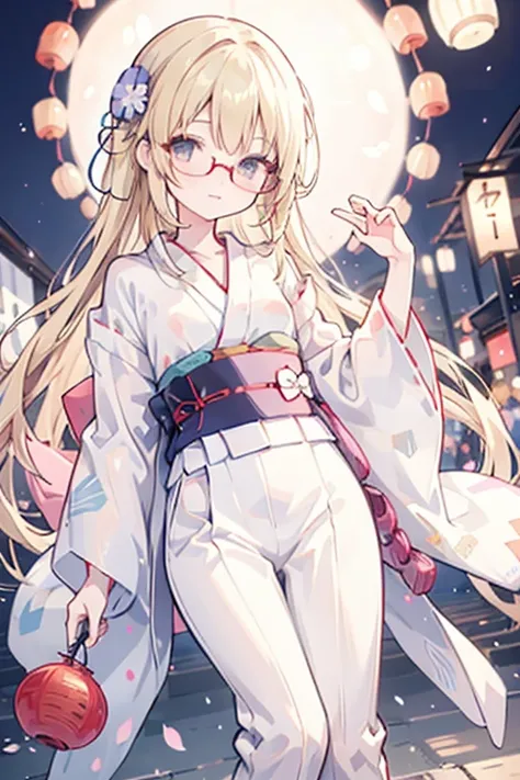 Blonde,(slender:1.3),half nude,nipple visible,(micro yukata:1.3),string micro pants,nipple visible,(Small breasts:1.3),glasses,Clothes are see-through,Spoiled Girl,Long Hair,summer vacation,night festival,