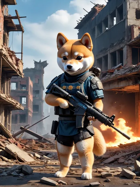 a cyberpunk anthropomorphic shiba inu warrior holding an assault rifle，standing among the ruins of a dilapidated urban environme...