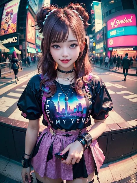 ((2 cyberpunk girls wearing colorful Harajuku style pop outfit)), ((fisheye lens)), cowboy shot, wind, messy hair, cyberpunk cityscape, (aesthetics and atmosphere:1.2), smiling, laughing, ((cinematic lighting))