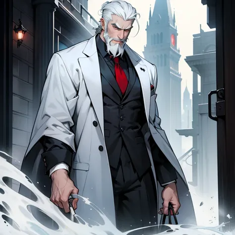 A tall and imposing grim reaper with short, slicked back white hair, a perfectly groomed beard, and piercing red eyes. He exudes confidence and carries himself with a sly and mysterious aura. Wearing lingerie.