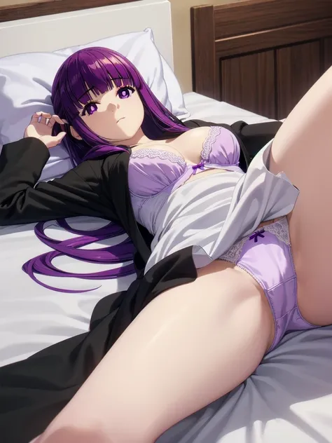 (((Pixel Perfect, Perfect detail))), ((alone, 1 girl)), fern, long hair, bangs, (purple eyes:1.1), purple hair, sidelocks, blunt bangs, (bright pupils:1.5), half updo, long sleeves, dress, white dress, long dress, robe, black robe, (bra), (lying on the bed...