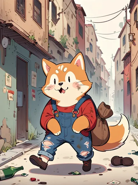 Cartoon illustration，Simple，Depicts an anthropomorphic Shiba Inu，dirty，Dull eyes，Listless，Malaise，decadent，Exaggerated expression，Loose fit ripped denim overalls，Red top，Worn leather shoes，Carrying a large bag，Walking on the deserted streets，There are lots...