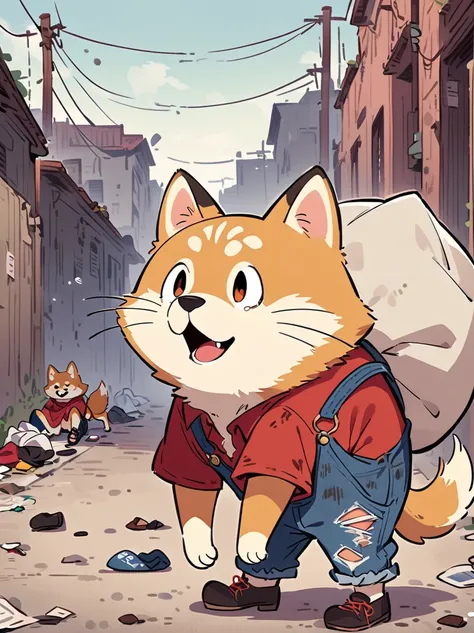 Creates a very pitiful anthropomorphic Shiba Inu image，Wearing a very tattered red linen shirt and denim overalls，There are even more tattered cloth shoes，Carrying a huge sack on his back，Higher than myself，This Shiba Inu is standing in front of a more obv...