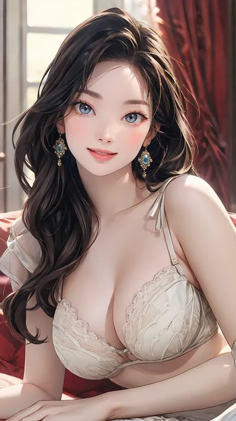 best quality, photorealistic, beautiful woman, perfect body, large breasts, lingerie, bedroom, pose, elaborate details, vibrant