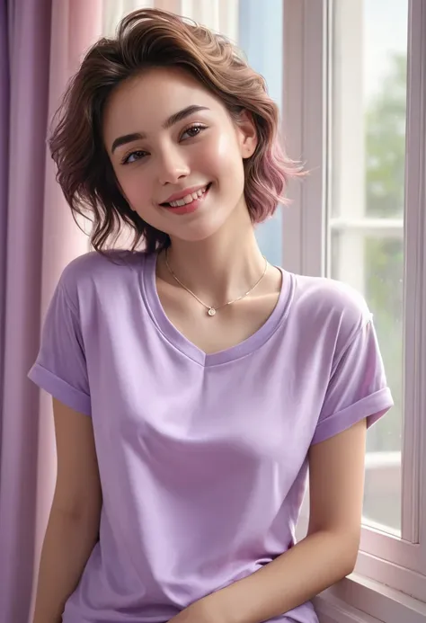 (Higher resolution, clearly_image) best quality, A woman, masterpiece, Very detailed, Semi-realistic, 21 years old, fair, young, Handsome, t-shirt, Lilac shirt pull, Collar around the neck, Internal, modern room, window, wake up, morning, blush, Smile