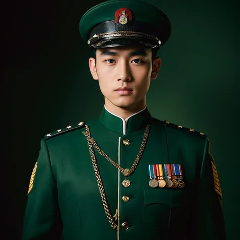 (front focus), (in the dark:1.4), Hyperrealist portrait of male wearing Chinese military uniforms dark green color, wearing a Chinese military hat dark green color, stern face, cold black eyes, and a Colonels medal on his shoulders, use many gold medals, f...