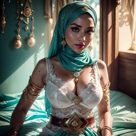 Malaysian girls group,malay, The whole body consists of a young girl with hijab, Eye makeup, 21yo, Cat ears, Soft lighting, Solo, Wear shabby clothes, Dirty, Tattered futuristic bikini, Cats paw badge, Pose, spot color, rendering by octane, Ultra-realistic...