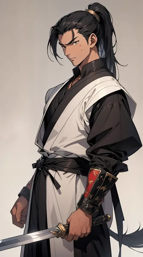 Two dimensions，anime style，one person（male warrior），proportions are correct，facial details，swordsman，high ponytail hairstyle，neck detail，Have an Adam&#39;s apple，Black and gold robe，joke，Black and gold robe，clothing details，Handing over，long sleeves，Game q...