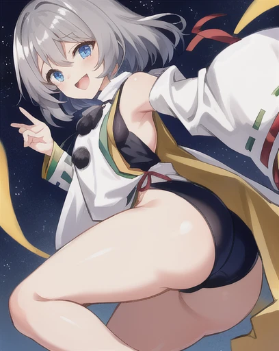 mononobe no futo, One Woman, Long sleeve, Sleeves edged with ribbon, Gray Hair, blue eyes, Proud face,
Underbust,  Medium Chest, Butt,Thighs,Plump，milk,Underarm,Underbust，vapor，High Leg,Jump,Low Angle，Please spread it with your hands,smile,look back，leotar...