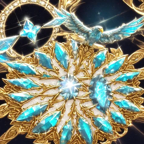 (best quality, highres, HDR:1.2), (delicate, elegant, noble) Eagle ring setting, (shimmering, sparkling) Garnett-Turquoise-Gold Diamond gemstones, (starry sky, inverted image) in the ring, (magic pattern, Tyndall effect) emitting the brightest light in a(n...