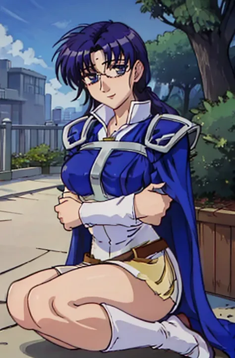 Captivating smile,Kneel with one hand on thigh,head_outside_of_flame,Juno,zettai ryouiki,Thigh-high boots, Pauldrons,White short dress,  breastplate, belt, Elbow hand pockets, Scapula, Blue Cape, white footwear,View your viewers, Short sleeve, Shoulder pad...