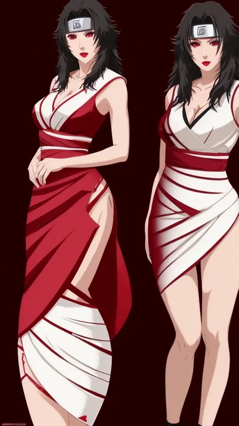 kurenai yuhi, red eyes, thick lips, seductive lipstick, eyeshadow, white translucent dress, thin waist, small waist, wide hips, photorealistic, hyperrealistic