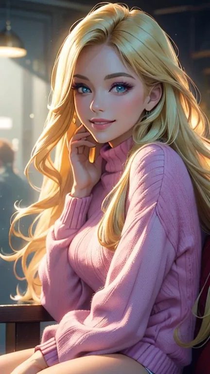 (best quality,ultra-detailed,photo-realistic:1.37),bright and vibrant colors,studio lighting,playful expression,stylish makeup,long blonde hair flowing in the wind,alluring eyes,glossy lips,sexy pose, sweater, theater, smiling in a confident and seductive ...