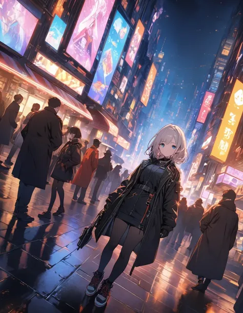 anime style, super fine illustration, highly detailed, dynamic angle, beautiful detailed, 8k, At night, in a cyberpunk cityscape, a female police officer patrols the neon-lit streets. Her footsteps echo against the damp pavement as she keeps a watchful eye...