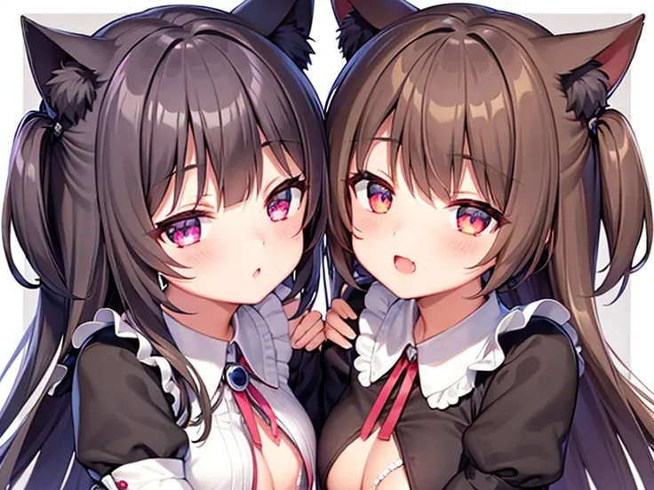 (Best quality), tilt of the head, Inugami perfume, Brown hair, cat ears, maid custome, blushing, heart pupils, heart eye, love, full-face blush, heart-shaped pupils, uncensored