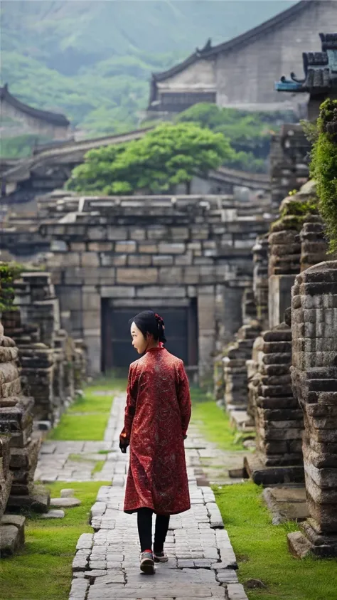 Ancient Chinese girl walking alone